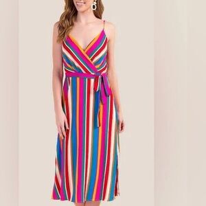 Francesca’s Closet Blue Rain Colorful Striped Tie Wrap Dress NWT Small